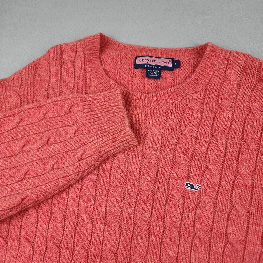 Vineyard Vines Sweater Mens Large Pink Cable Knit Crewneck Pullover Whale Logo